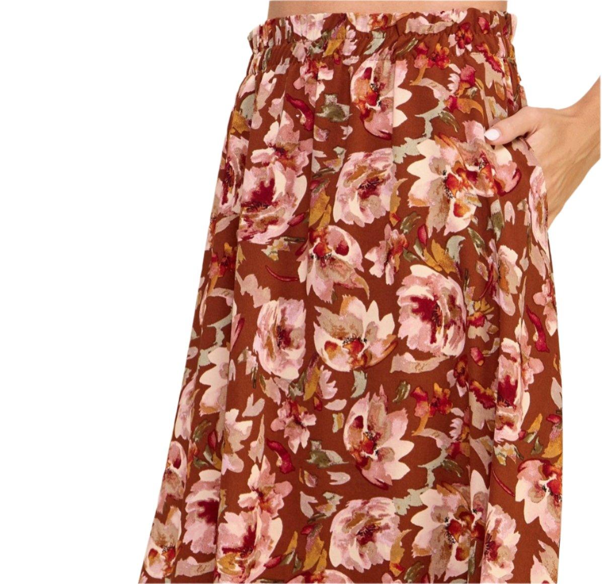 Floral Layered Maxi Skirt - Red/Brown - Made in USA - Kin Trading Post