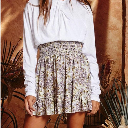 Floral Ruffled Skirt with Smock Detail in Lavender - Made in USA - Kin Trading Post