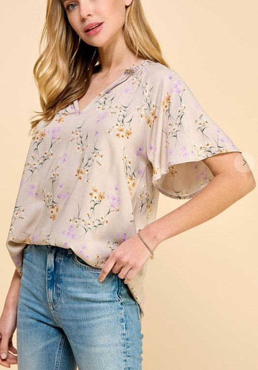 Floral Taupe Blouse - Made in USA - Kin Trading Post