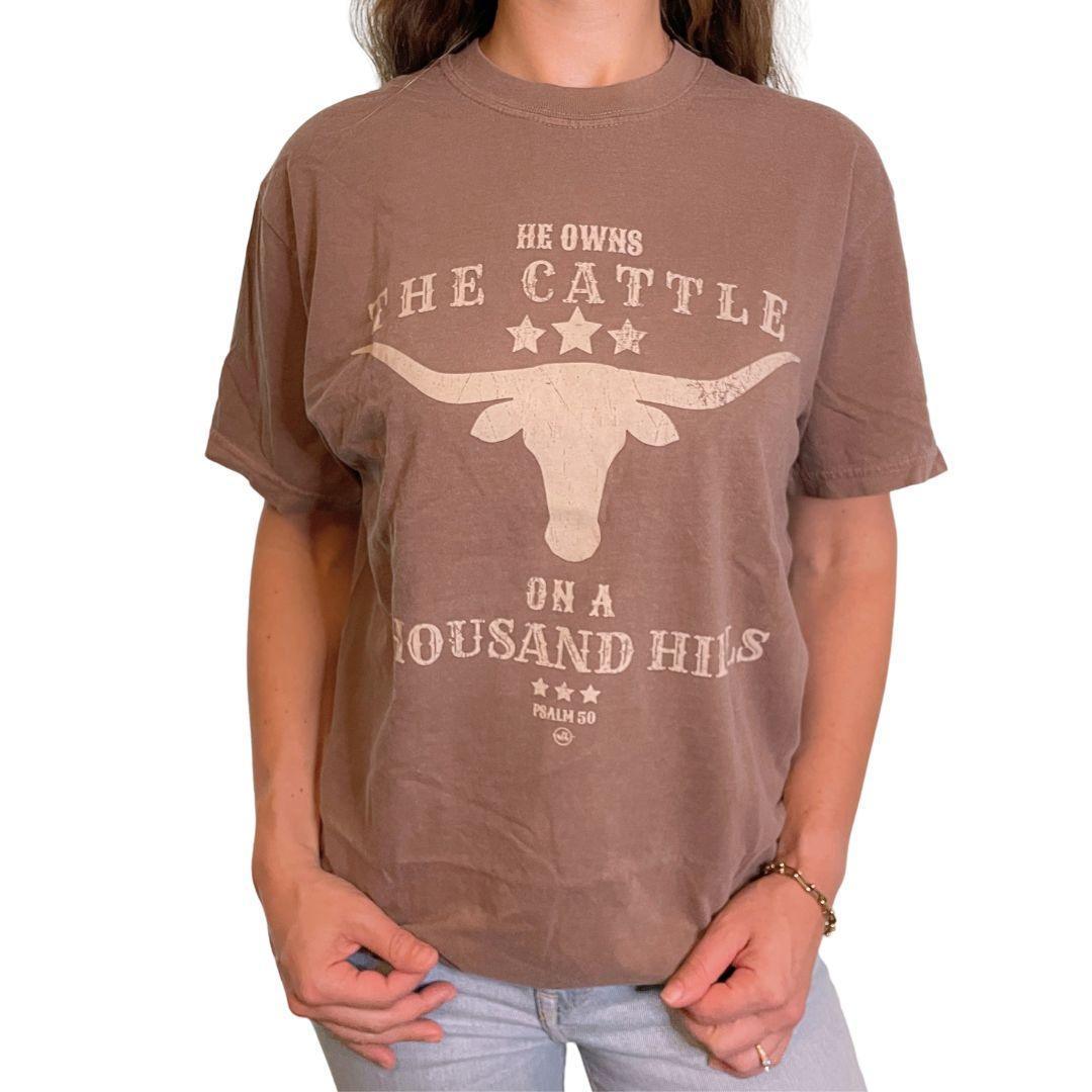 He Owns the Cattle on A Thousand Hills Brown T-Shirt - Kin Trading Post