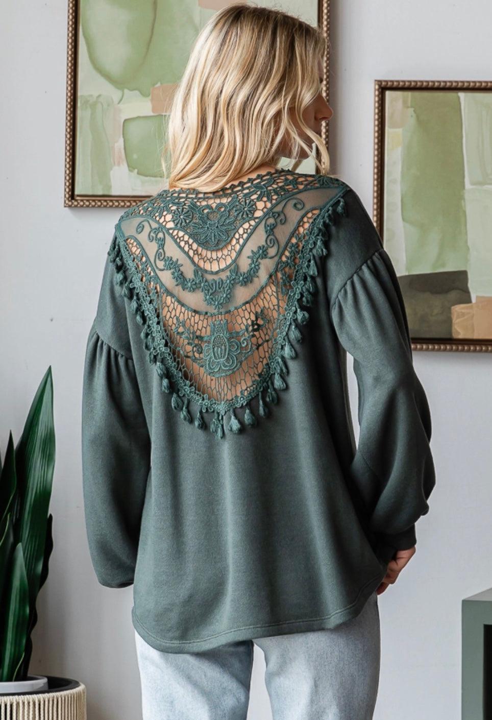 Hunter Green Crochet Back Long Sleeve - Made in USA - Kin Trading Post