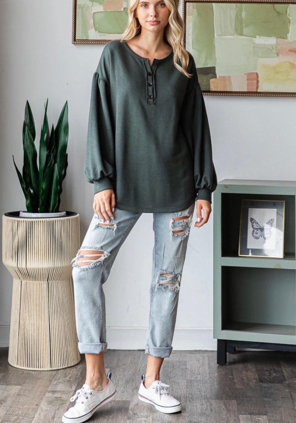 Hunter Green Crochet Back Long Sleeve - Made in USA - Kin Trading Post