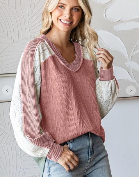 Mauve Cable Knit Lace Long Sleeve - Made in USA - Kin Trading Post