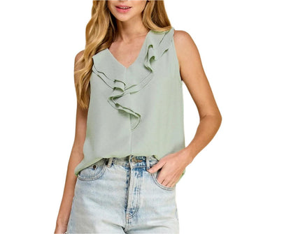 Mint Green Sleeveless Ruffle Top - Made in USA - Kin Trading Post