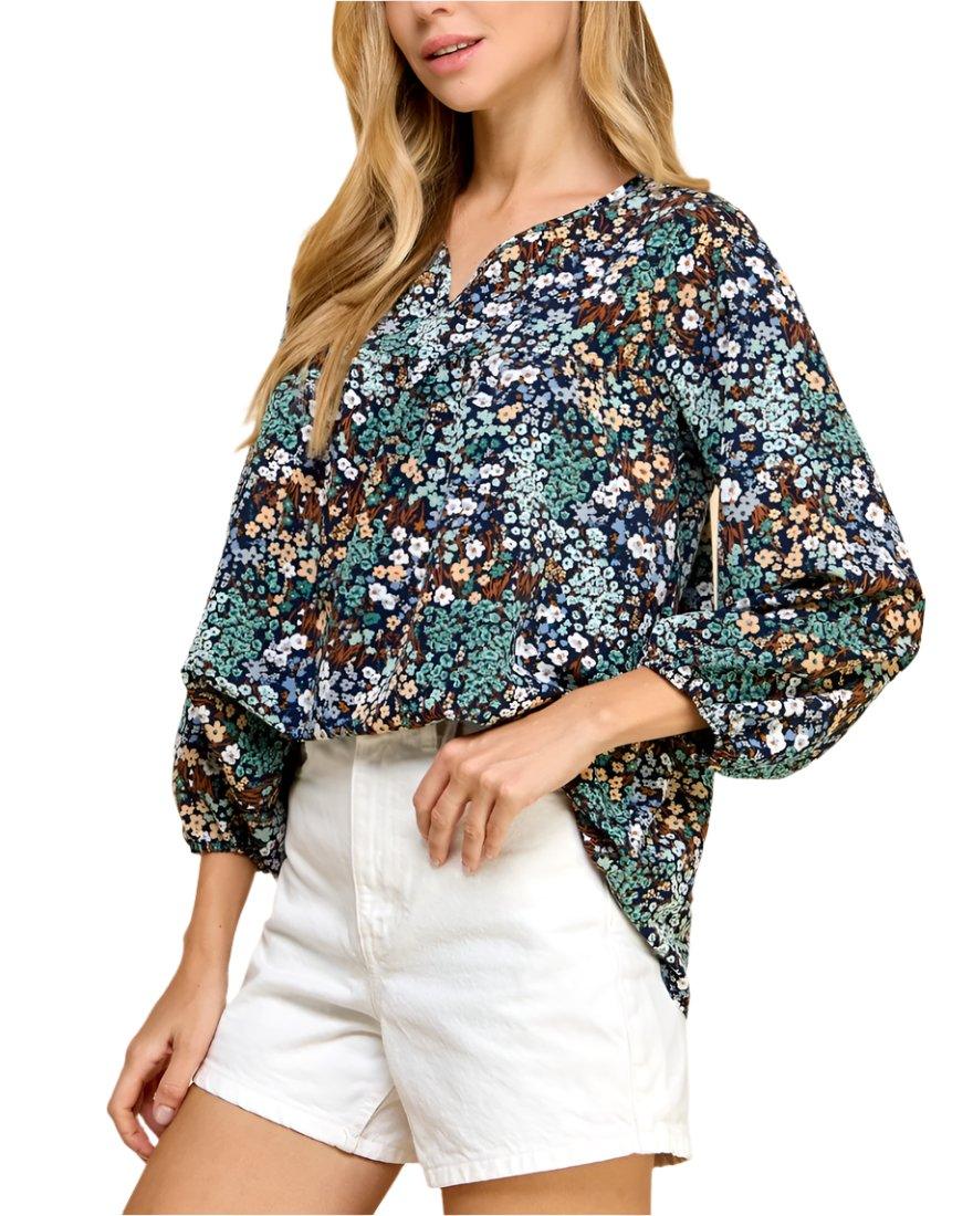 Navy Blue Floral Blouse - Made in USA - Kin Trading Post