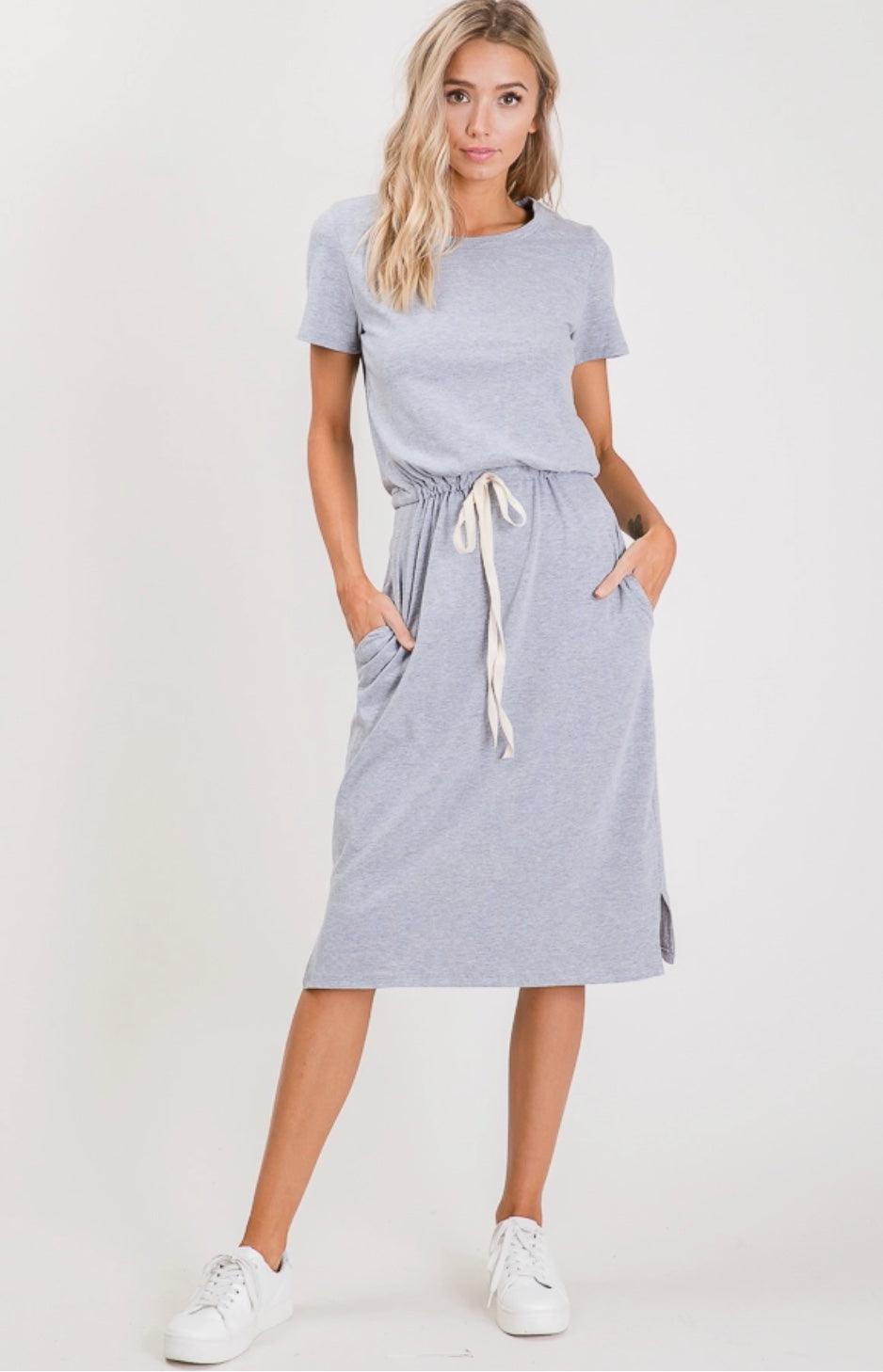 Casual T-Shirt Dress | Made in USA | Pockets & Draw String Waist Casual T-Shirt Dress | Made in USA | Pockets & Draw String Waist