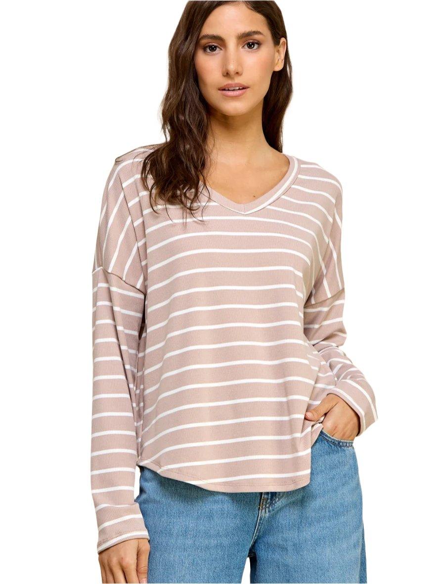 Taupe and White Striped Top - Made in USA - Kin Trading Post