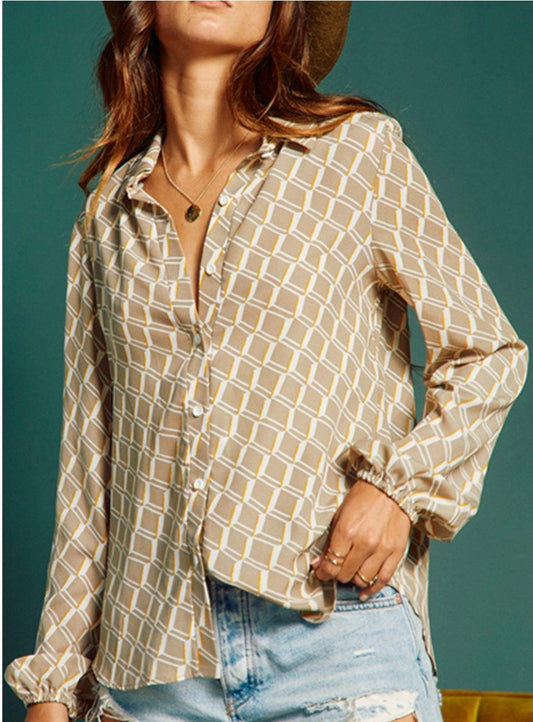 Taupe Button-Up Long Sleeve Blouse - Made in USA - Kin Trading Post