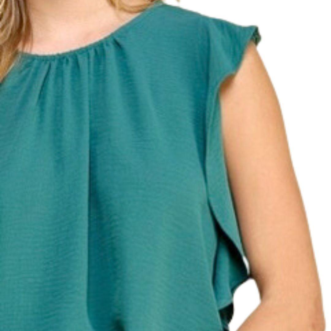 Teal Cut Out Sleeve Ruffle Blouse - Kin Trading Post