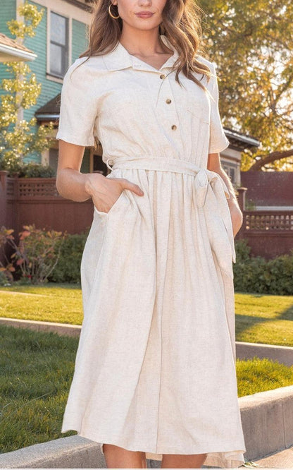 Natural Linen Dress | Made in USA | Pockets & Waist Tie Kin Trading Post Natural Linen Dress | Made in USA | Pockets & Waist Tie Kin Trading Post