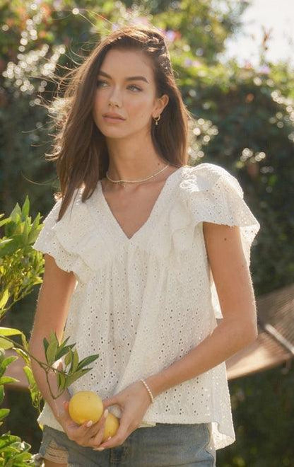 White Flowy Top Eyelet Lace Ruffled Sleeve- Made in Mexico - Kin Trading Post