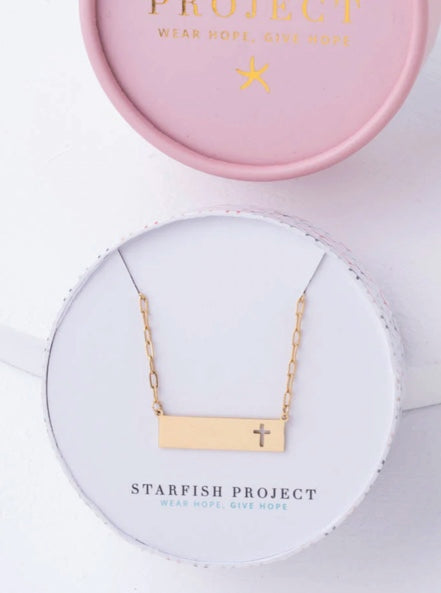 Gold Bar Cross Cutout Necklace with Gift Box