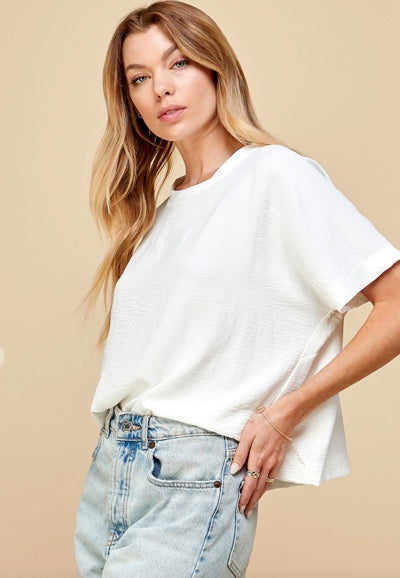 White Boxy Cut Half Sleeve Blouse, Made in  USA
