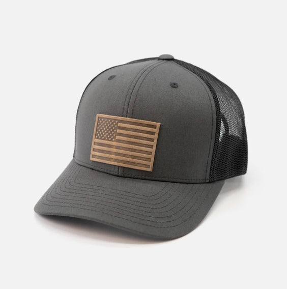America Flag Leather Patch Snapback, Charcoal