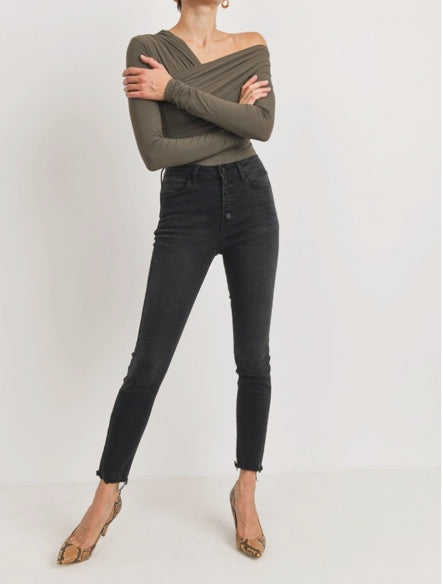 Black Denim Jeans, Frayed Hem, Button Up High Rise, MADE IN USA