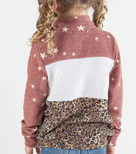 Kid Fleece Sweater with Mauve Cream and Cheetah Print