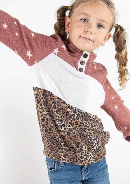 Kid Fleece Sweater with Mauve Cream and Cheetah Print