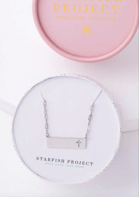 Silver Bar Cross Cutout Necklace Gift