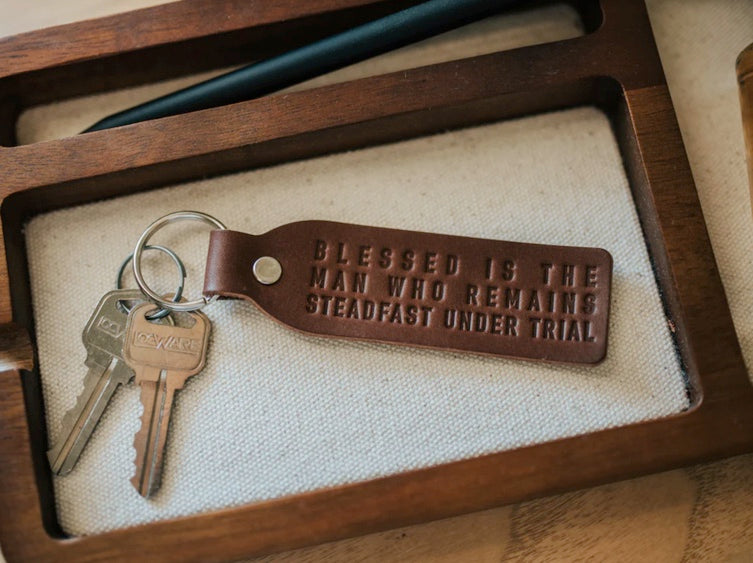 Blessed is the Man Who Remains Steadfast Under Trial, Leather Key Chain, Christian Gift