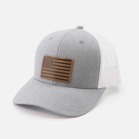 America Flag Leather Patch Snapback, Grey & White