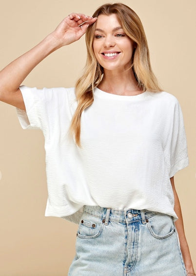 White Boxy Cut Half Sleeve Blouse, Made in  USA