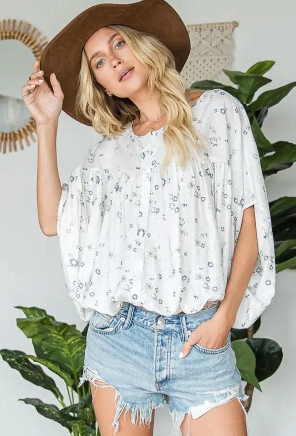 White Dolman with Blue Floral Top