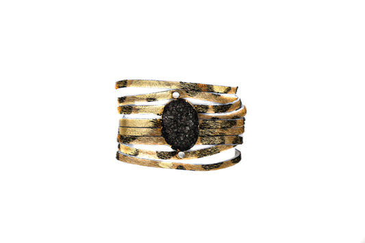 Leather Leopard Strap Bracelet with Black Druzy Stone