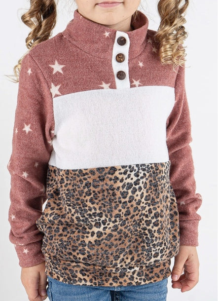 Kid Fleece Sweater with Mauve Cream and Cheetah Print And Buttons