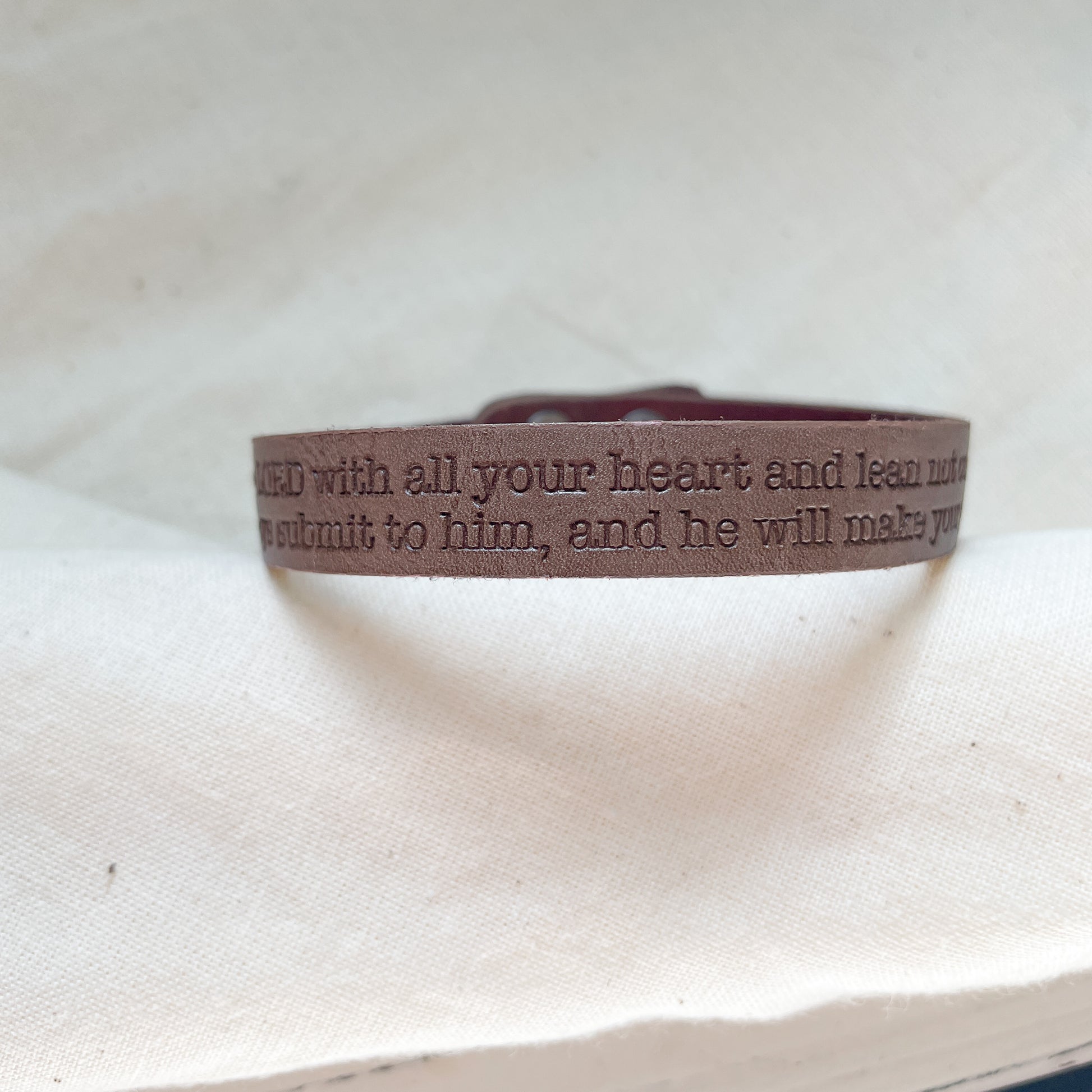 Leather Bracelet with scripture engraved, Proverbs 3:5-6