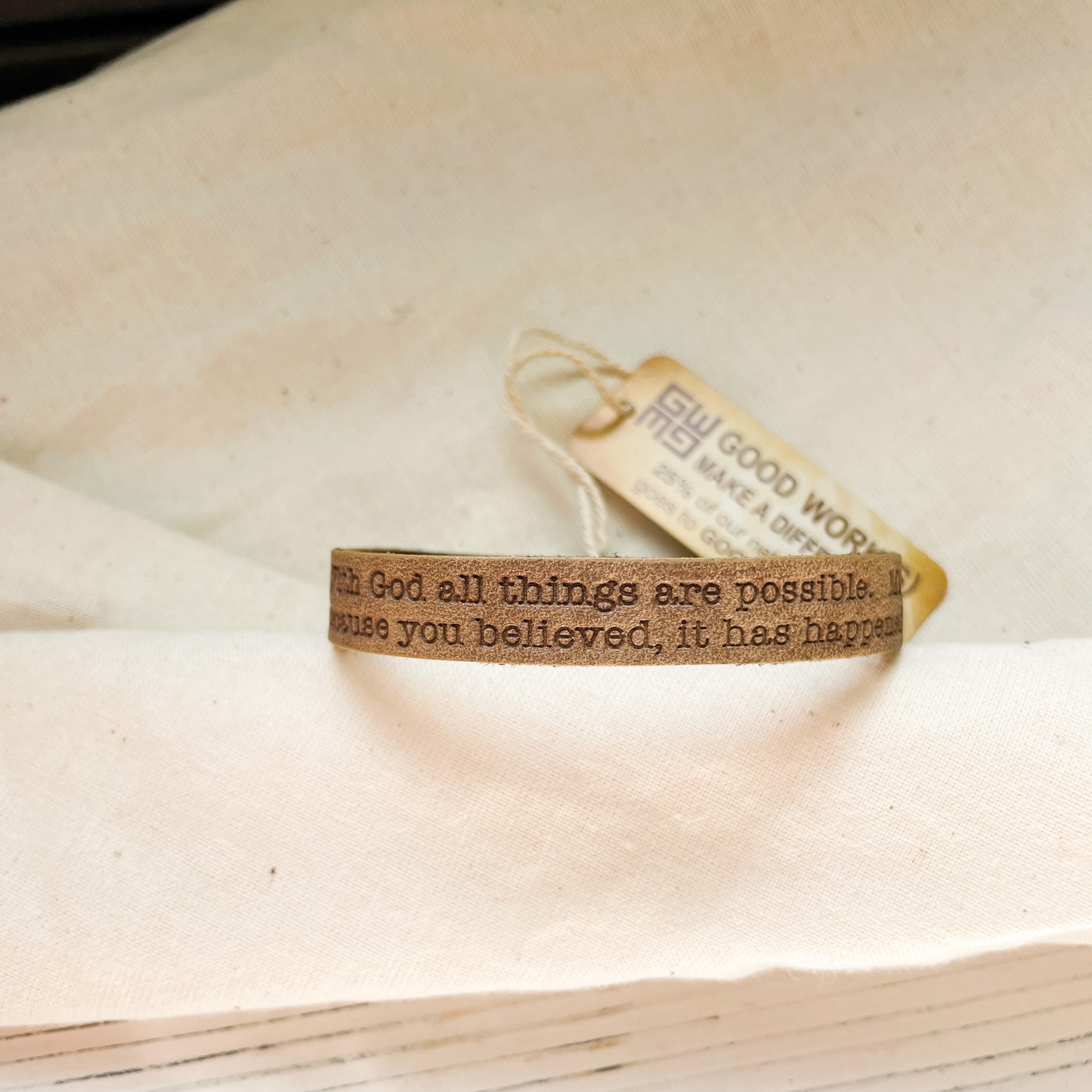 Leather Scripture Bracelet with Matthew 8:13 Inscribed, with God all things are possible...