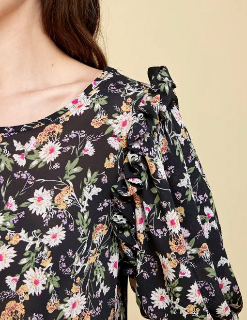 Black Ruffled Floral Blouse 