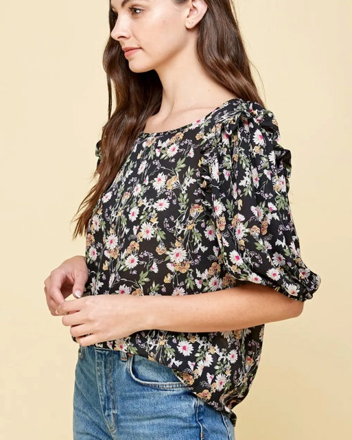 Black Ruffled Floral Blouse 