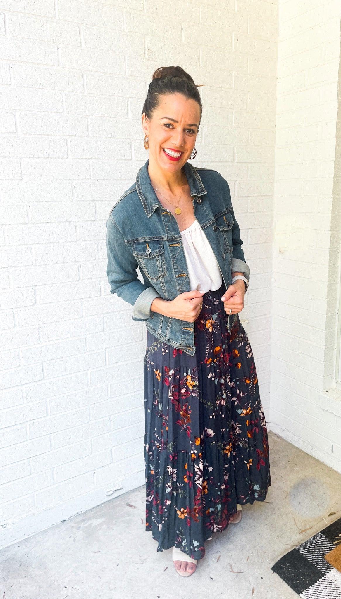 Floral Teal Layered Maxi Skirt - Made in USA - Kin Trading Post