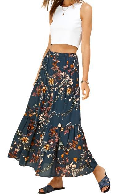 Floral Navy Teal Layered Maxi Skirt - Made in USA - Kin Trading Post